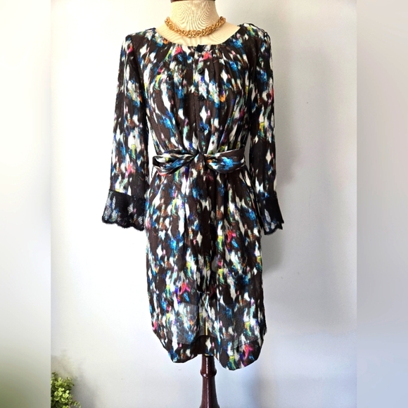 RACHEL ROY Watercolour Patterned Semi Sheer Lightweight Belted Dress. Size M - Picture 1 of 13